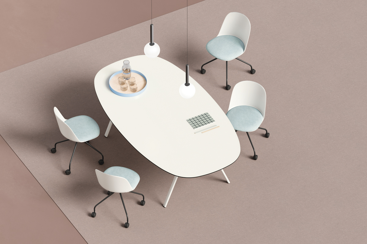 tavolo riunione ovale lay con piano in cdf bianco e struttura in metallo verniciato bianco